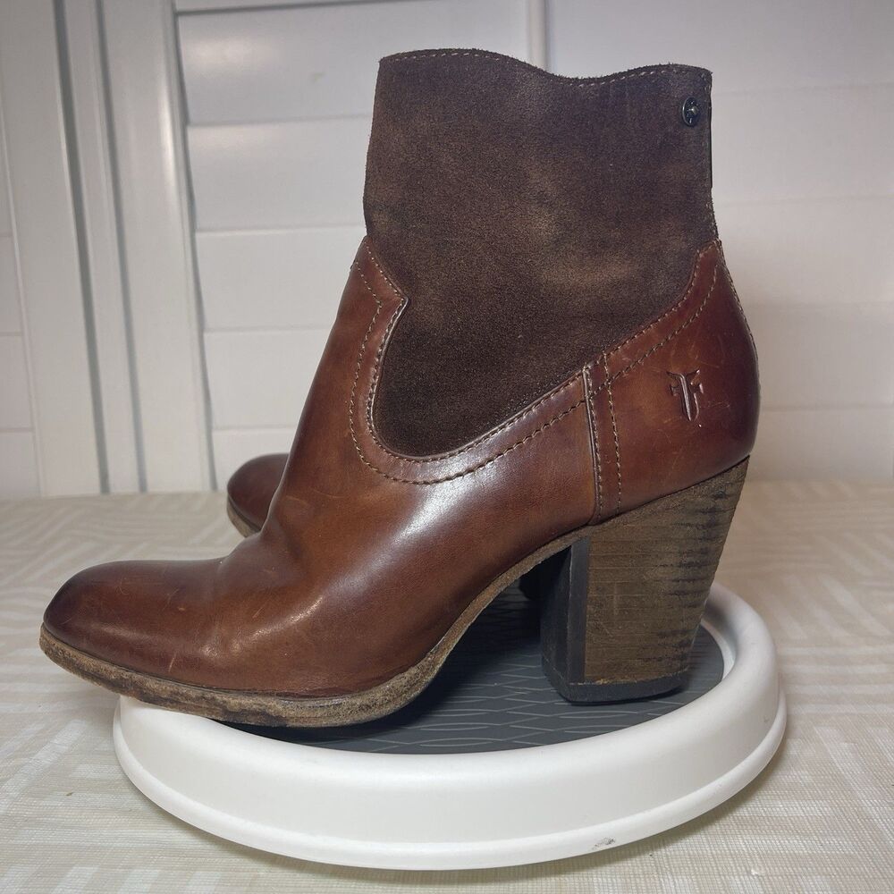 Frye Tessa Zip Short Low Boot Womens 5.5 Brown Cognac Leather Suede Cuban Heel - Picture 2 of 10